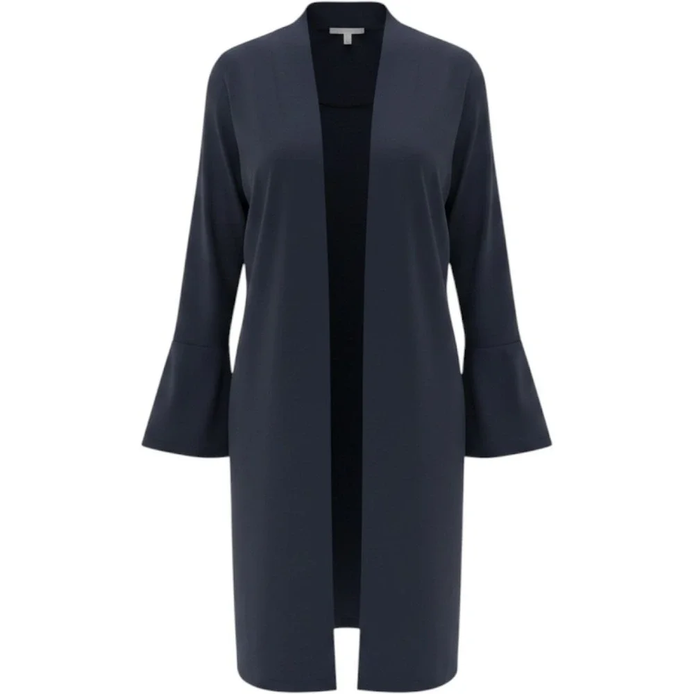 NWT Chicos Long Jacket Women Size 4 Navy Blue Ruffle Cuff Open Front Textured